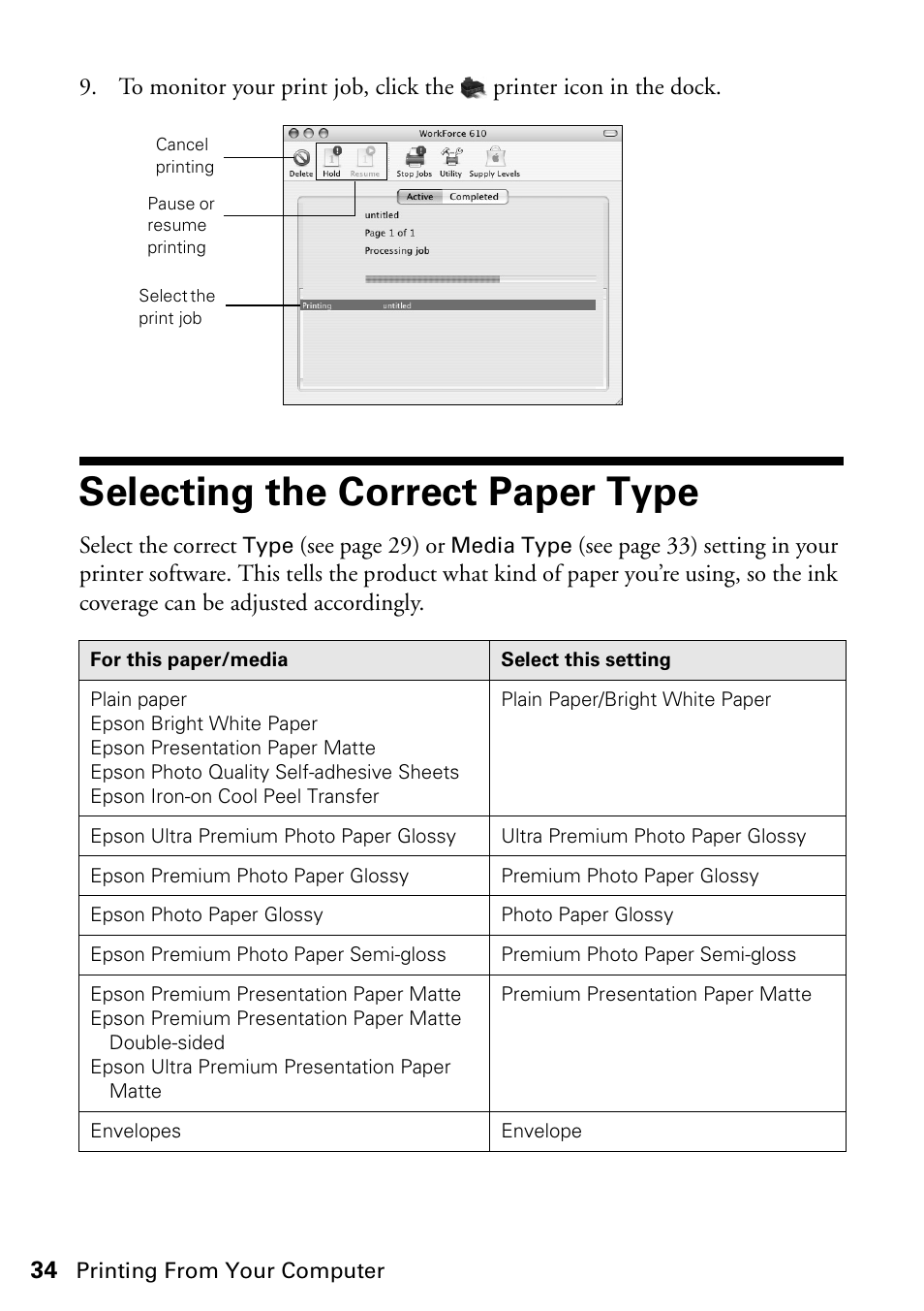 Selecting the correct paper type | Epson WorkForce 610 Series User Manual | Page 34 / 60