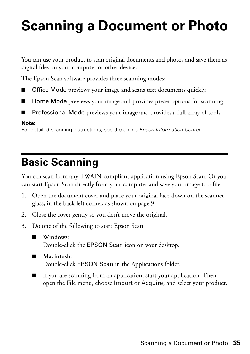 Scanning a document or photo, Basic scanning | Epson WorkForce 610 Series User Manual | Page 35 / 60