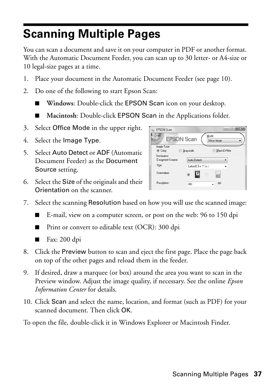 Scanning multiple pages | Epson WorkForce 610 Series User Manual | Page 37 / 60