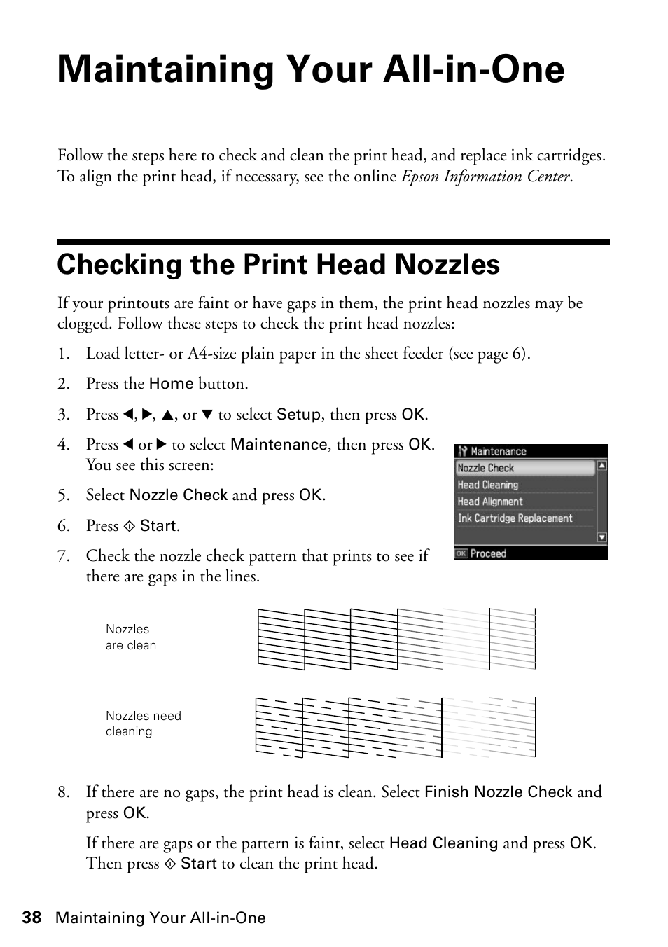 Maintaining your all-in-one, Checking the print head nozzles | Epson WorkForce 610 Series User Manual | Page 38 / 60