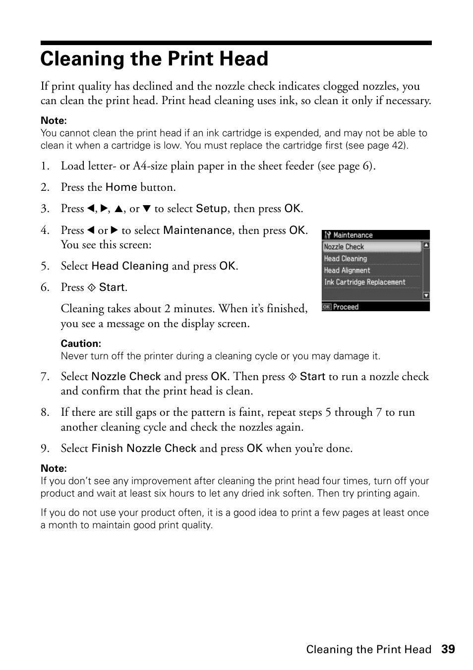 Cleaning the print head | Epson WorkForce 610 Series User Manual | Page 39 / 60