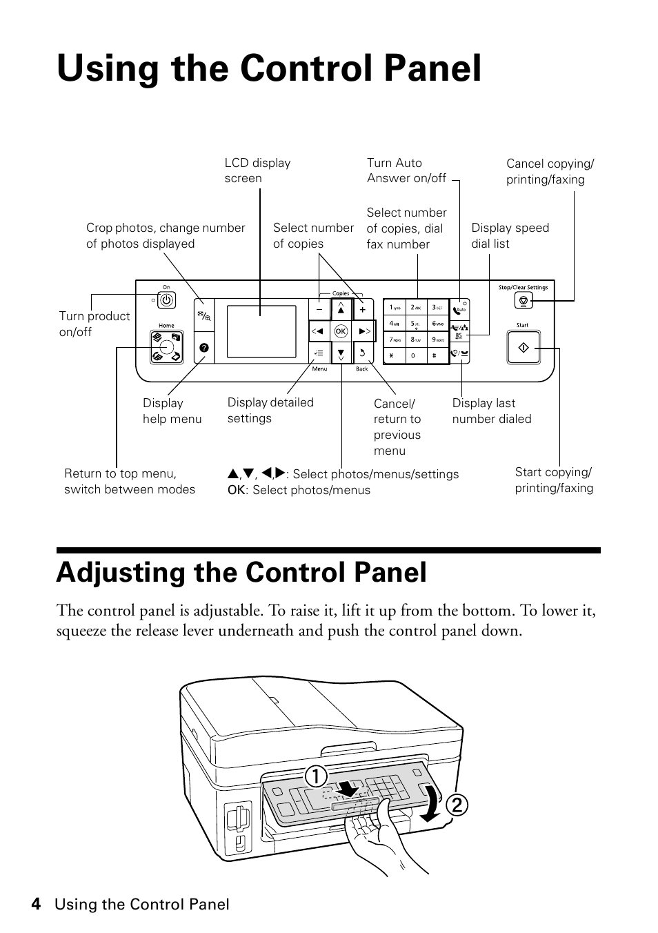 Using the control panel, Adjusting the control panel | Epson WorkForce 610 Series User Manual | Page 4 / 60