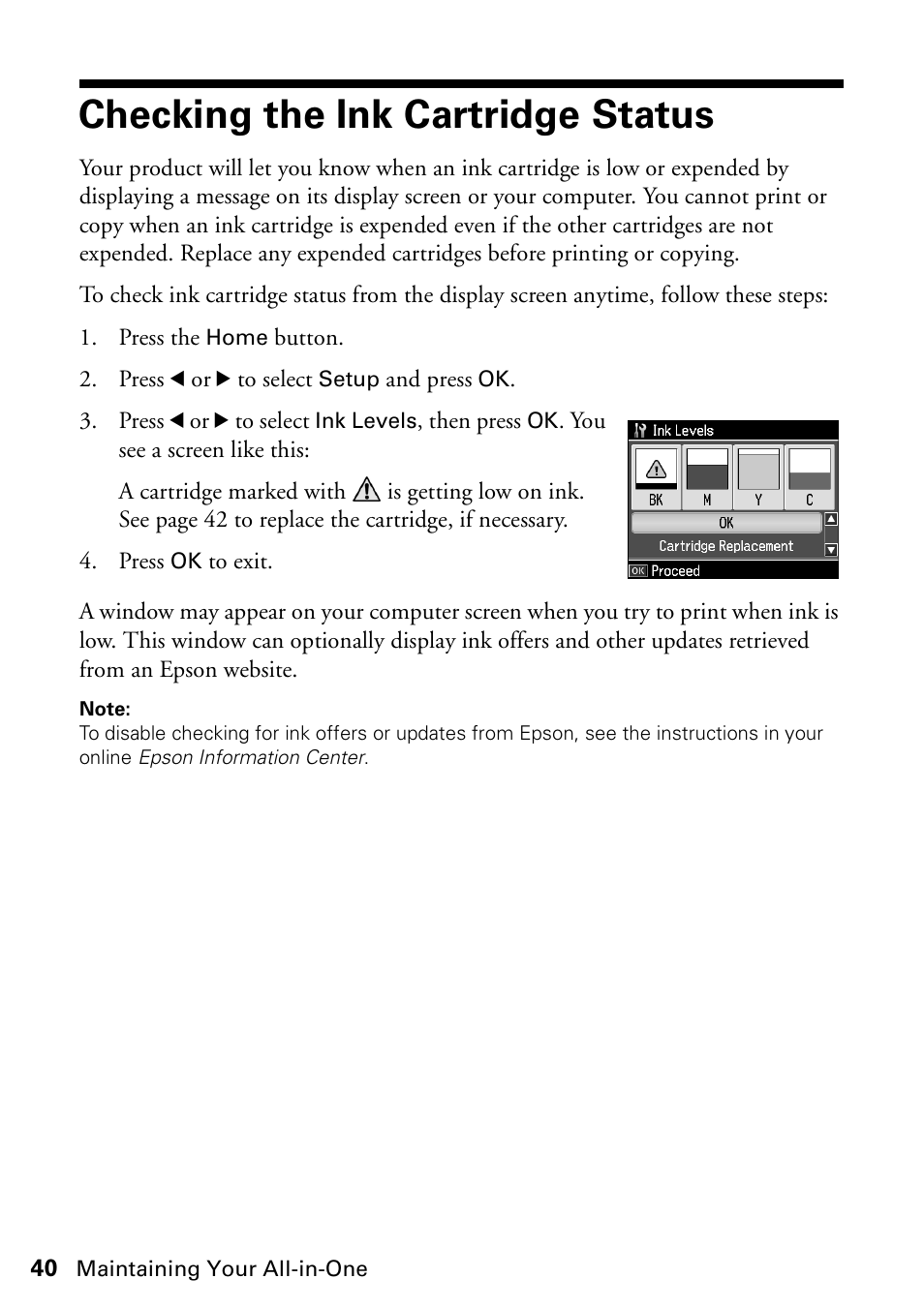 Checking the ink cartridge status | Epson WorkForce 610 Series User Manual | Page 40 / 60