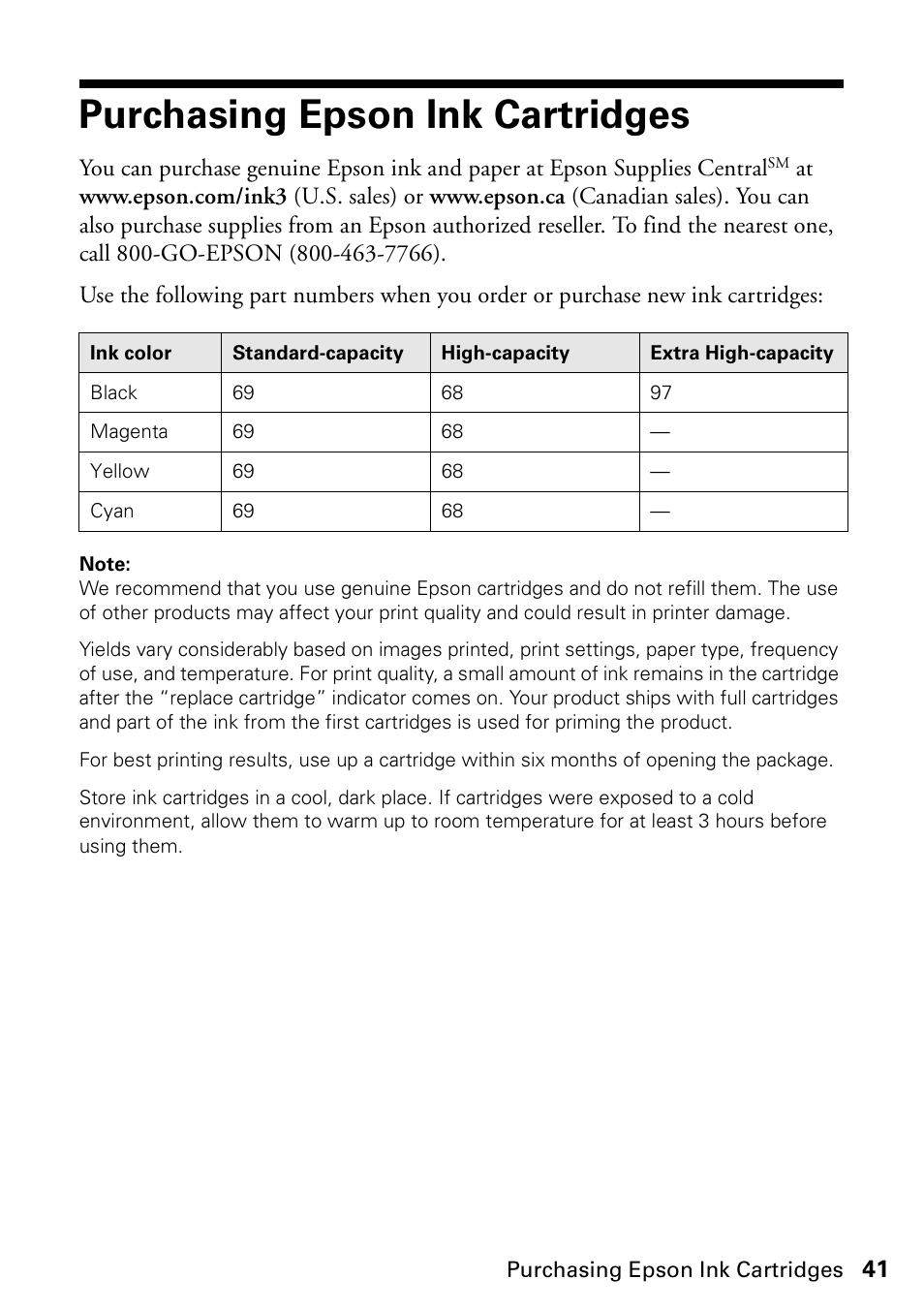 Purchasing epson ink cartridges | Epson WorkForce 610 Series User Manual | Page 41 / 60