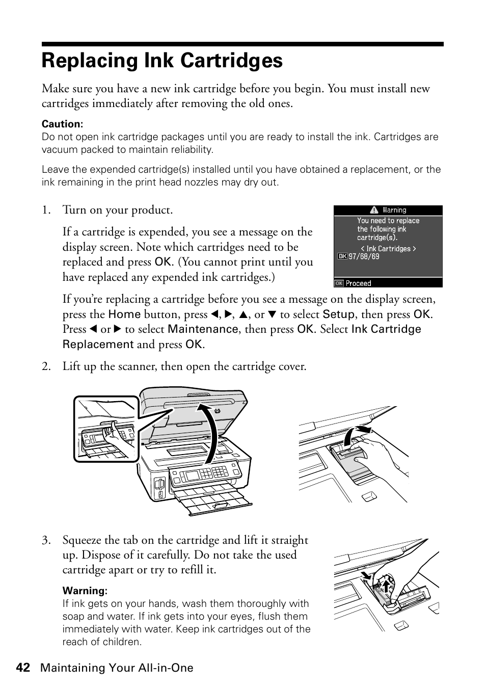 Replacing ink cartridges | Epson WorkForce 610 Series User Manual | Page 42 / 60