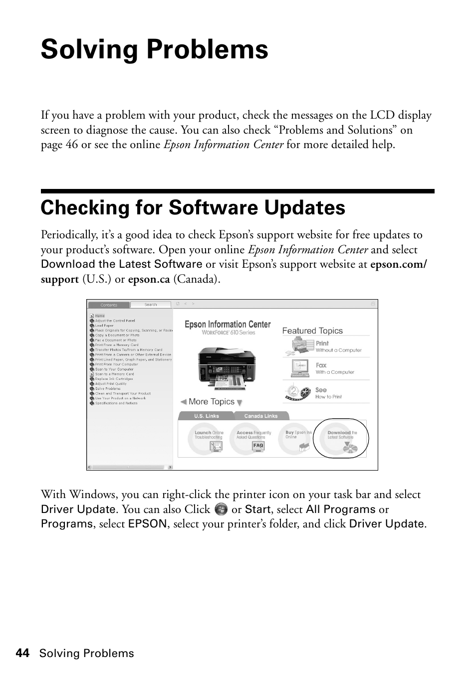 Solving problems, Checking for software updates | Epson WorkForce 610 Series User Manual | Page 44 / 60