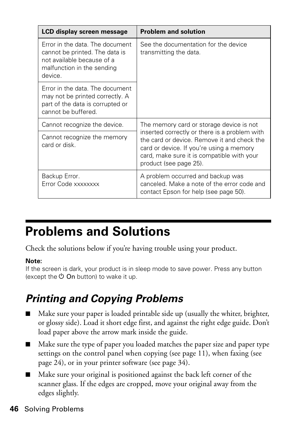 Problems and solutions, Printing and copying problems | Epson WorkForce 610 Series User Manual | Page 46 / 60