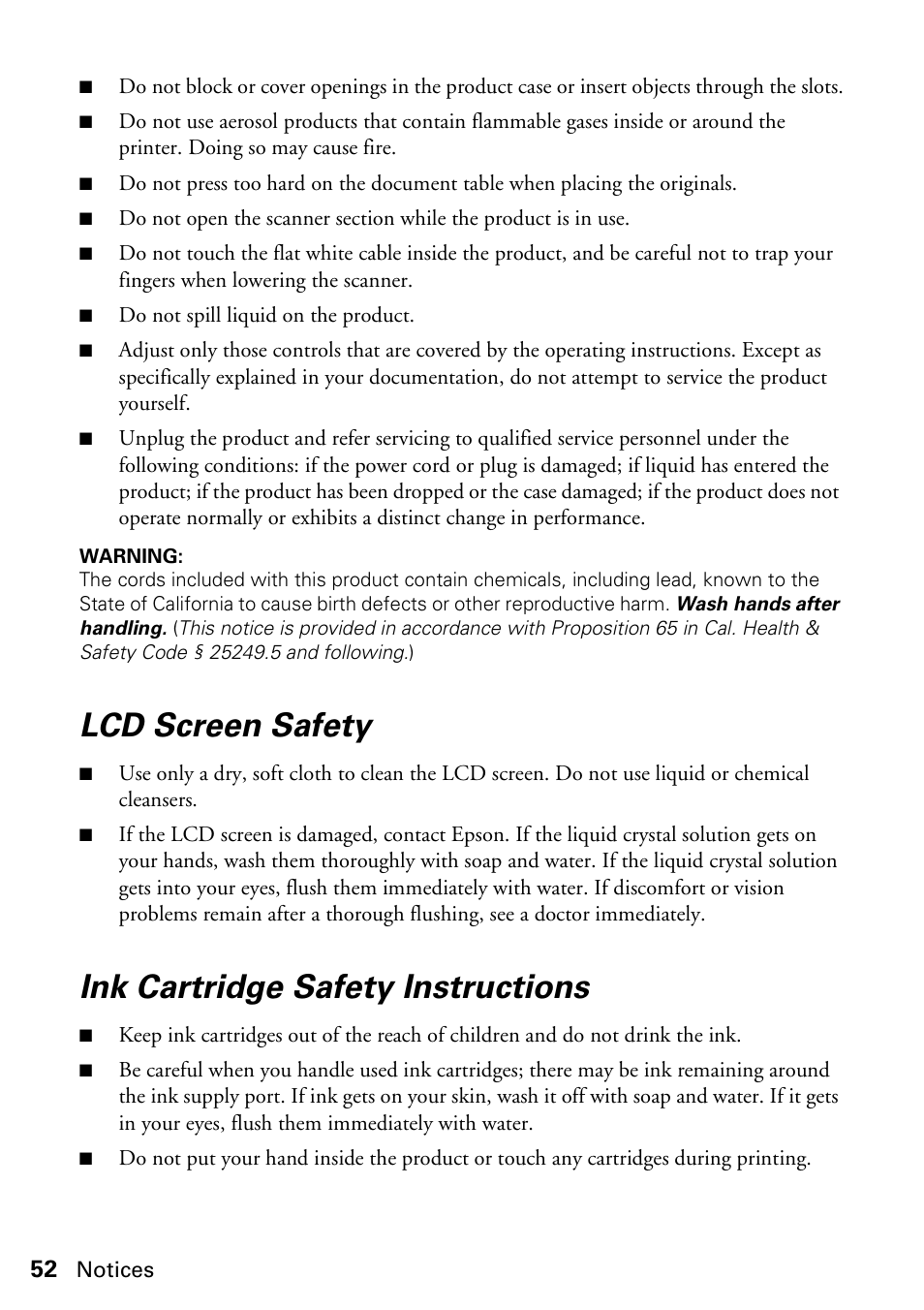 Lcd screen safety, Ink cartridge safety instructions | Epson WorkForce 610 Series User Manual | Page 52 / 60