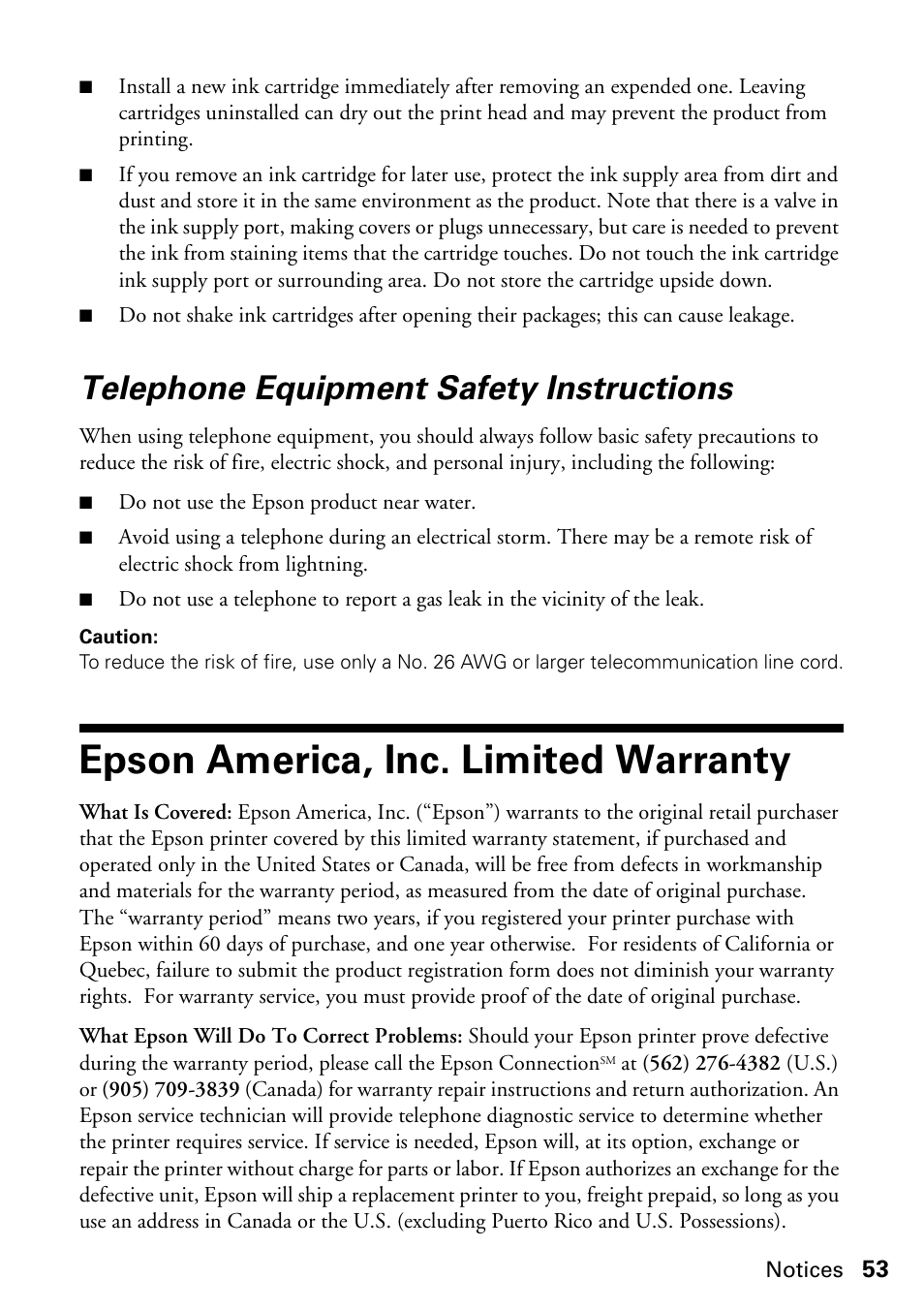 Warranty, Epson america, inc. limited warranty, Telephone equipment safety instructions | Epson WorkForce 610 Series User Manual | Page 53 / 60