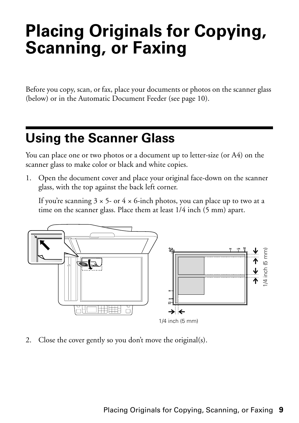 Placing originals for copying, scanning, or faxing, Using the scanner glass | Epson WorkForce 610 Series User Manual | Page 9 / 60