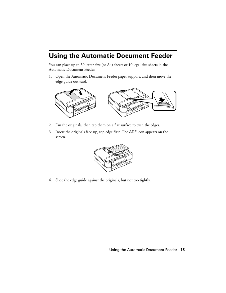 Using the automatic document feeder | Epson Artisan 810 Series User Manual | Page 13 / 64