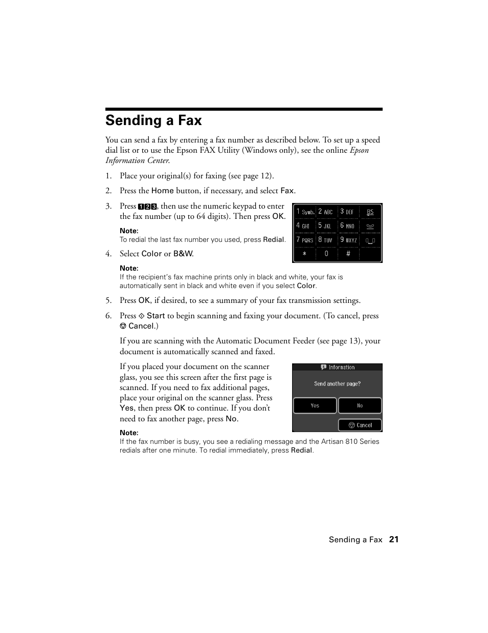Sending a fax | Epson Artisan 810 Series User Manual | Page 21 / 64