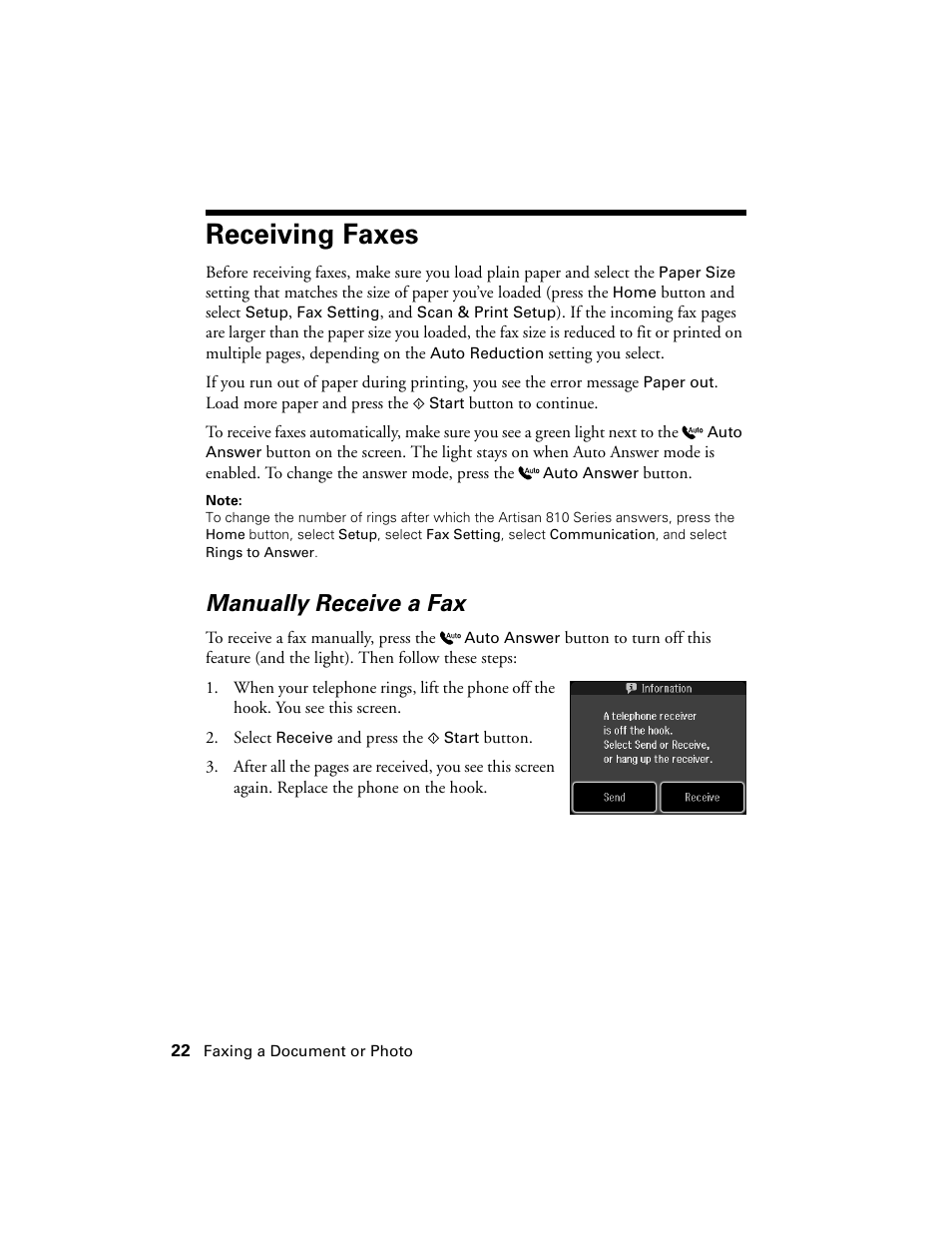 Receiving faxes, Manually receive a fax | Epson Artisan 810 Series User Manual | Page 22 / 64