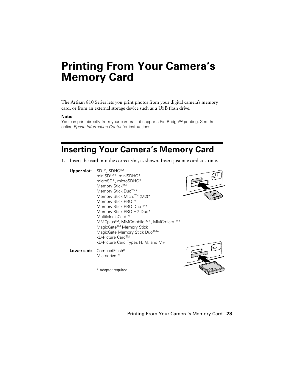 Printing from your camera’s memory card, Inserting your camera’s memory card | Epson Artisan 810 Series User Manual | Page 23 / 64