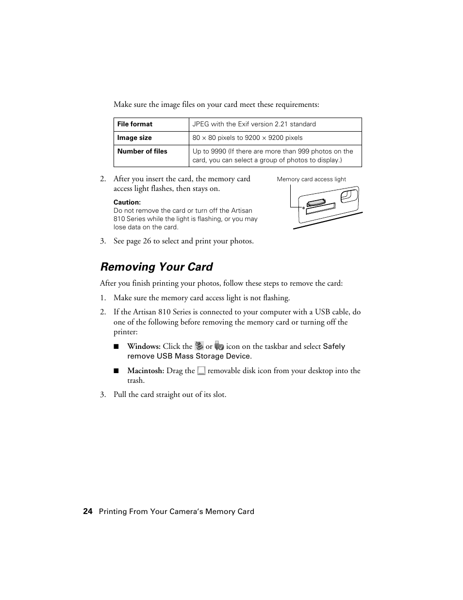 Removing your card | Epson Artisan 810 Series User Manual | Page 24 / 64