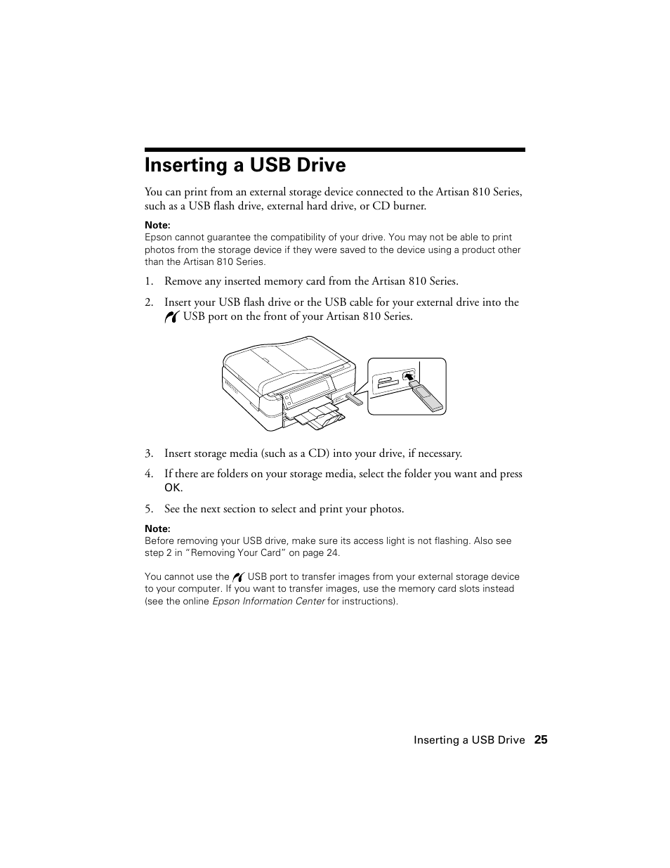 Inserting a usb drive | Epson Artisan 810 Series User Manual | Page 25 / 64