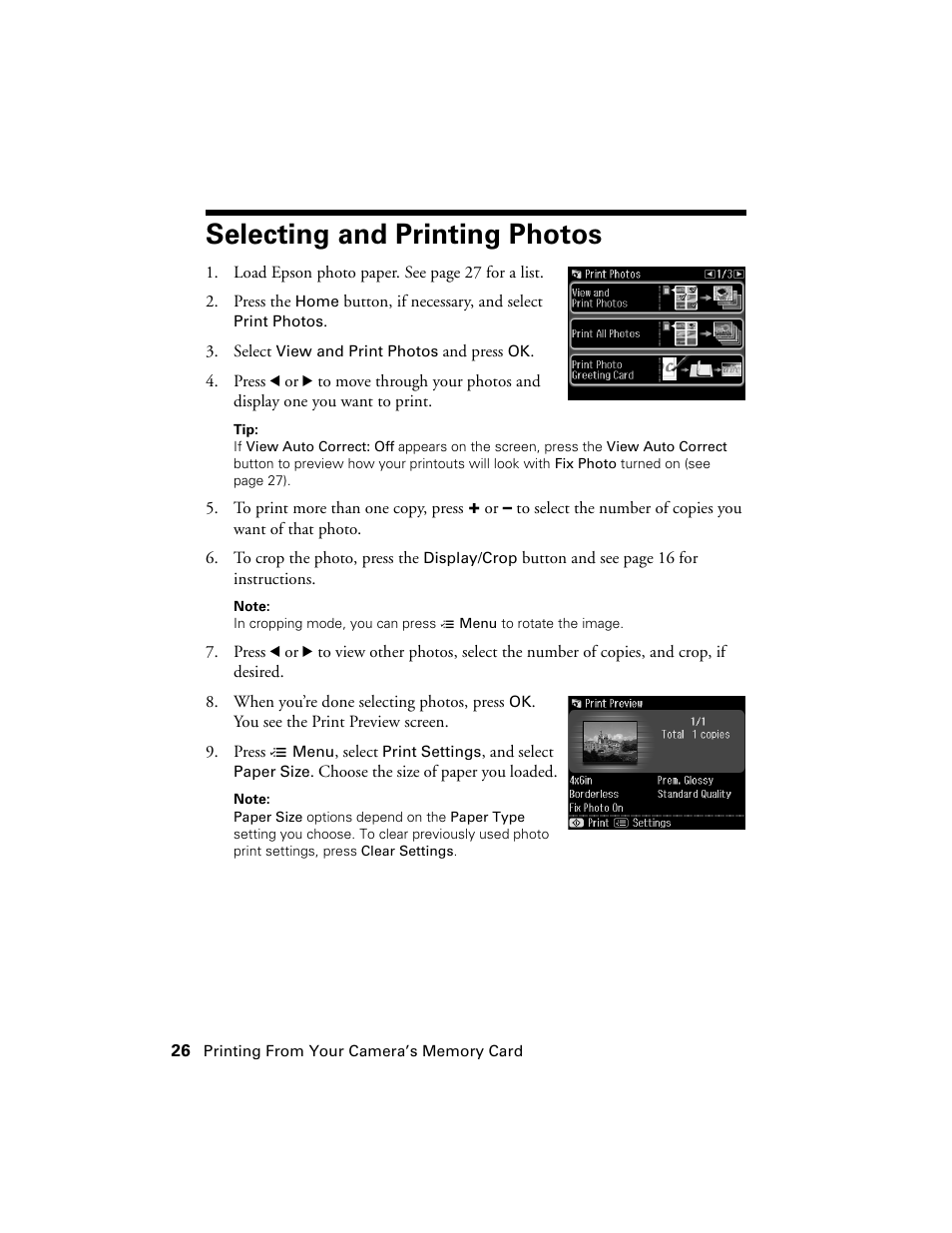 Selecting and printing photos | Epson Artisan 810 Series User Manual | Page 26 / 64