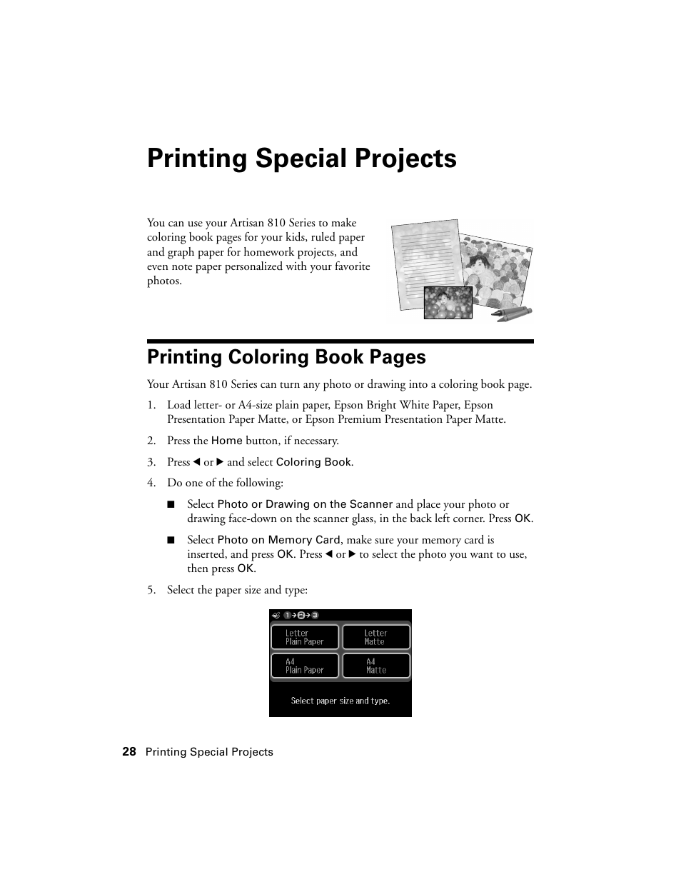 Printing special projects, Printing coloring book pages | Epson Artisan 810 Series User Manual | Page 28 / 64