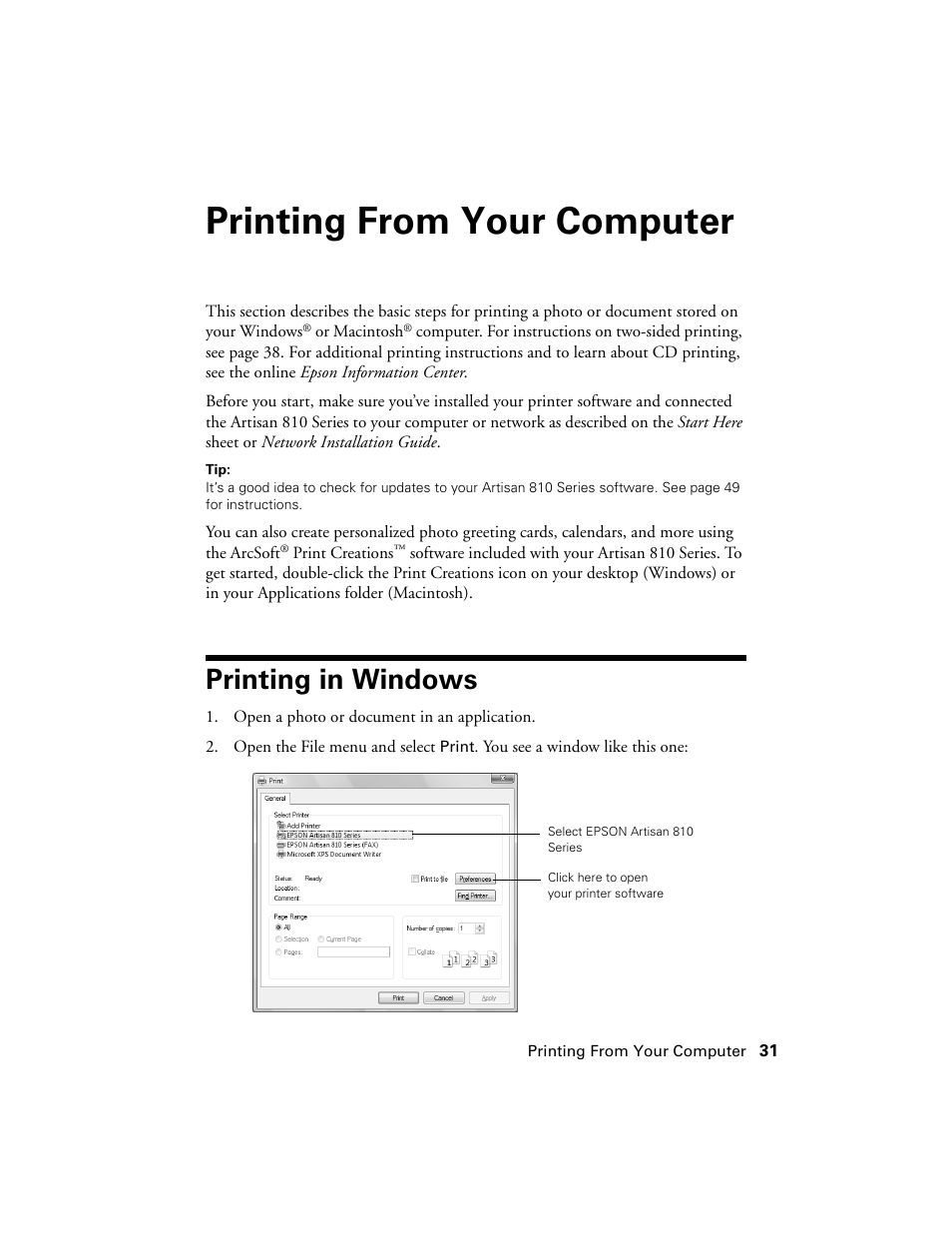 Printing from your computer, Printing in windows | Epson Artisan 810 Series User Manual | Page 31 / 64