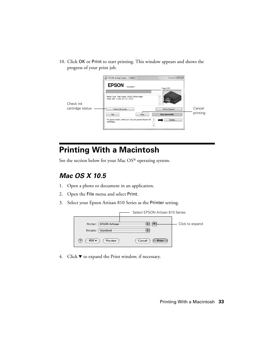 Printing with a macintosh, Mac os x 10.5 | Epson Artisan 810 Series User Manual | Page 33 / 64