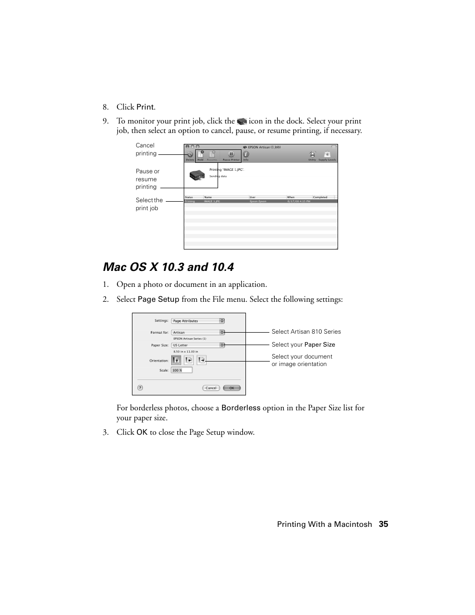 Mac os x 10.3 and 10.4 | Epson Artisan 810 Series User Manual | Page 35 / 64