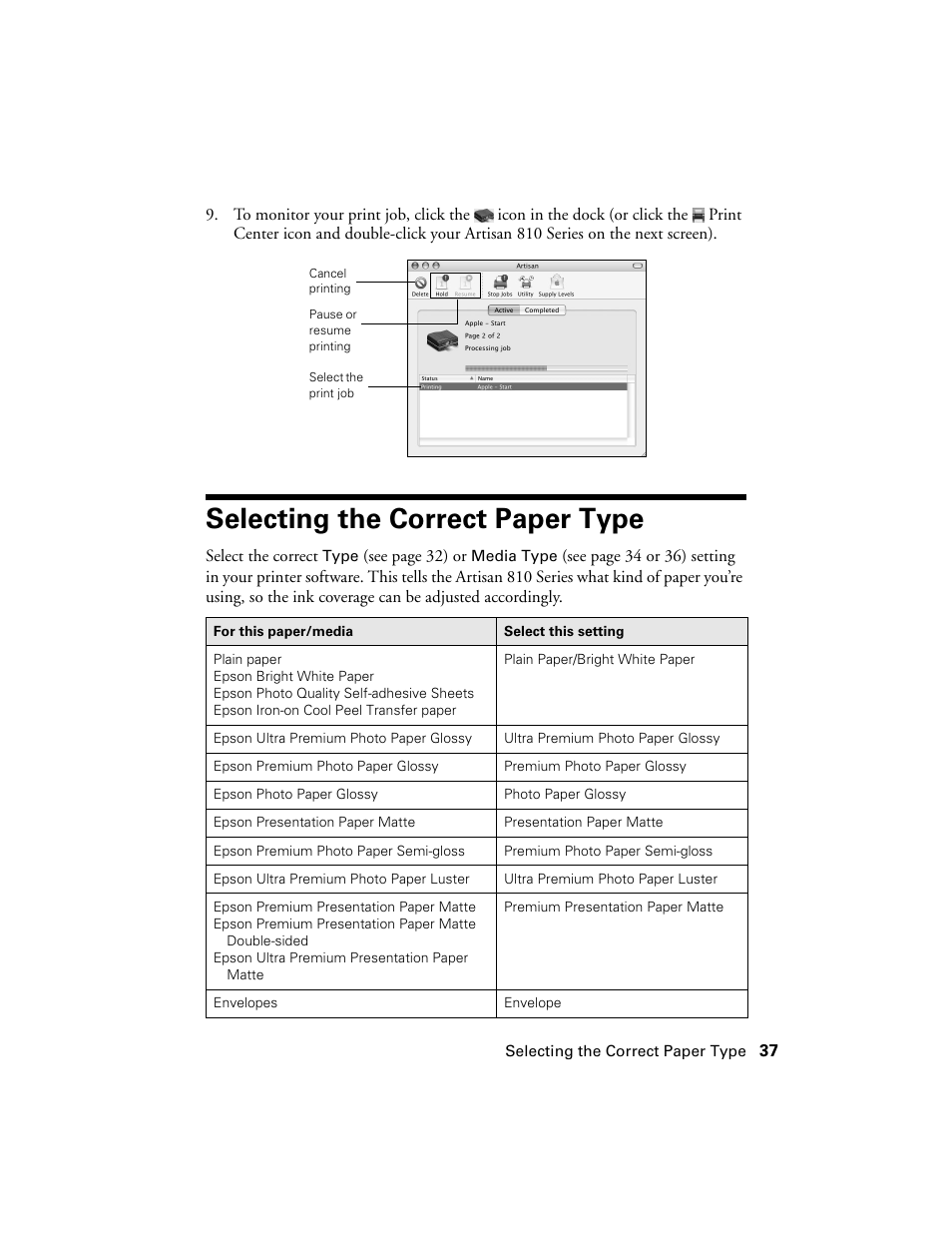 Selecting the correct paper type | Epson Artisan 810 Series User Manual | Page 37 / 64