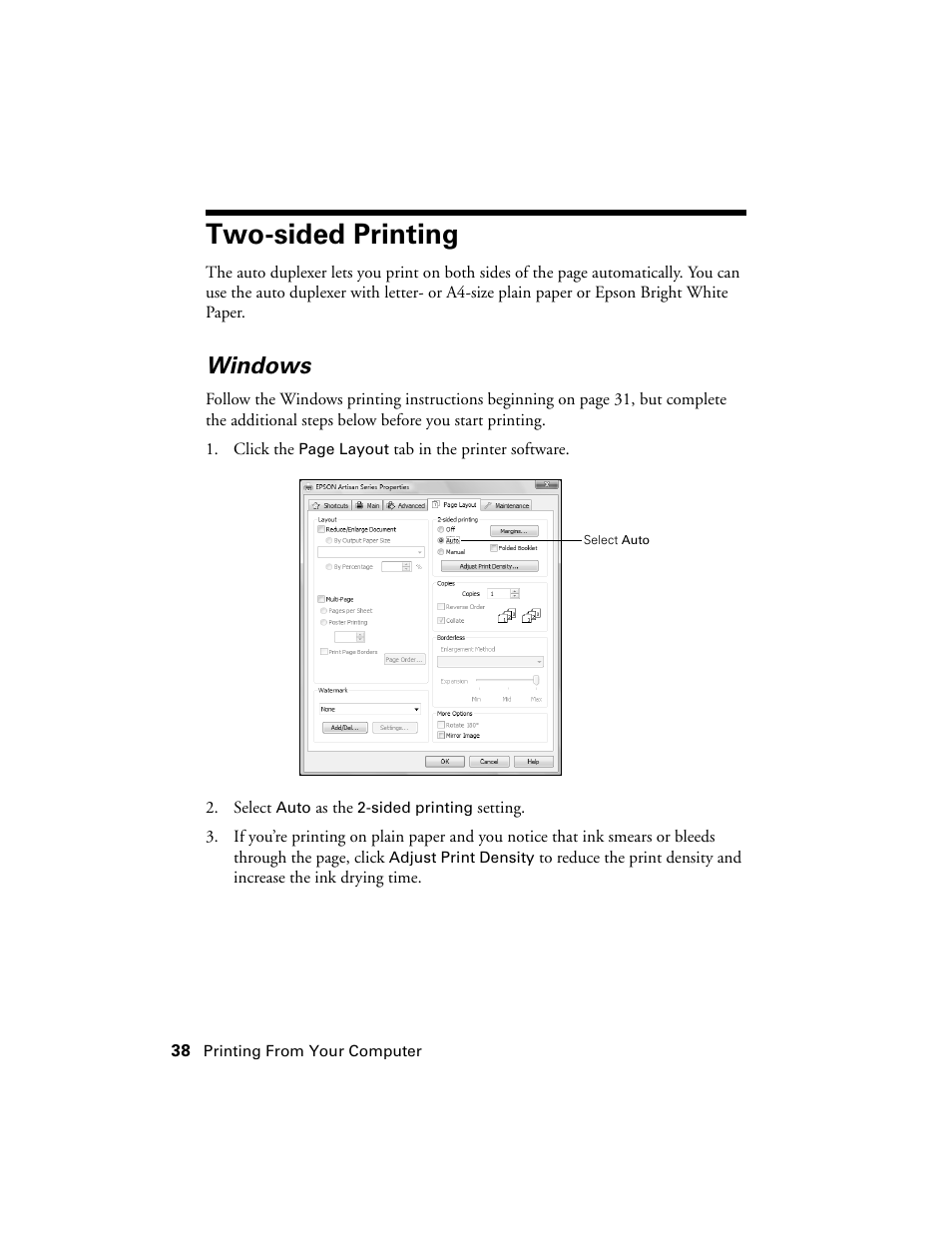 Two-sided printing, Windows | Epson Artisan 810 Series User Manual | Page 38 / 64