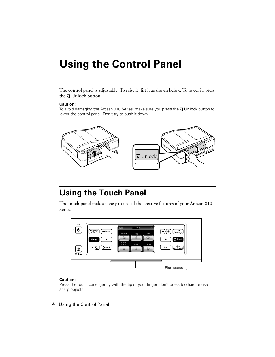 Using the control panel, Using the touch panel | Epson Artisan 810 Series User Manual | Page 4 / 64