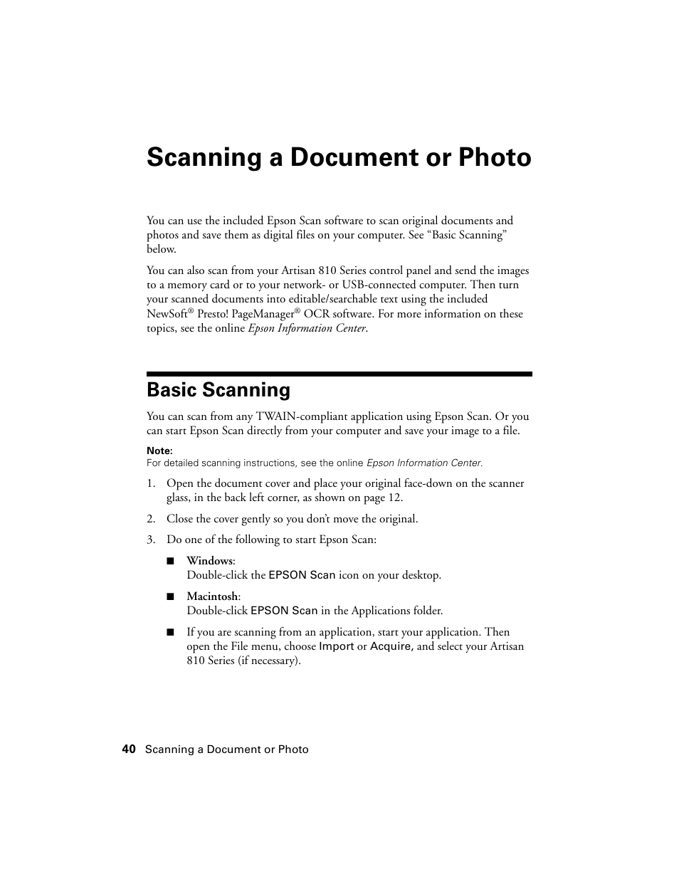 Scanning a document or photo, Basic scanning | Epson Artisan 810 Series User Manual | Page 40 / 64