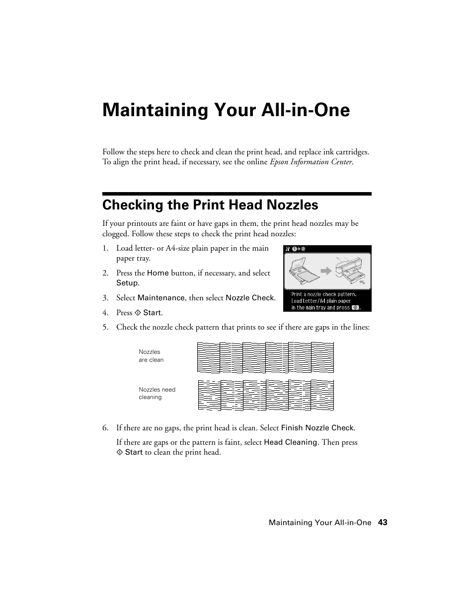 Maintaining your all-in-one, Checking the print head nozzles | Epson Artisan 810 Series User Manual | Page 43 / 64