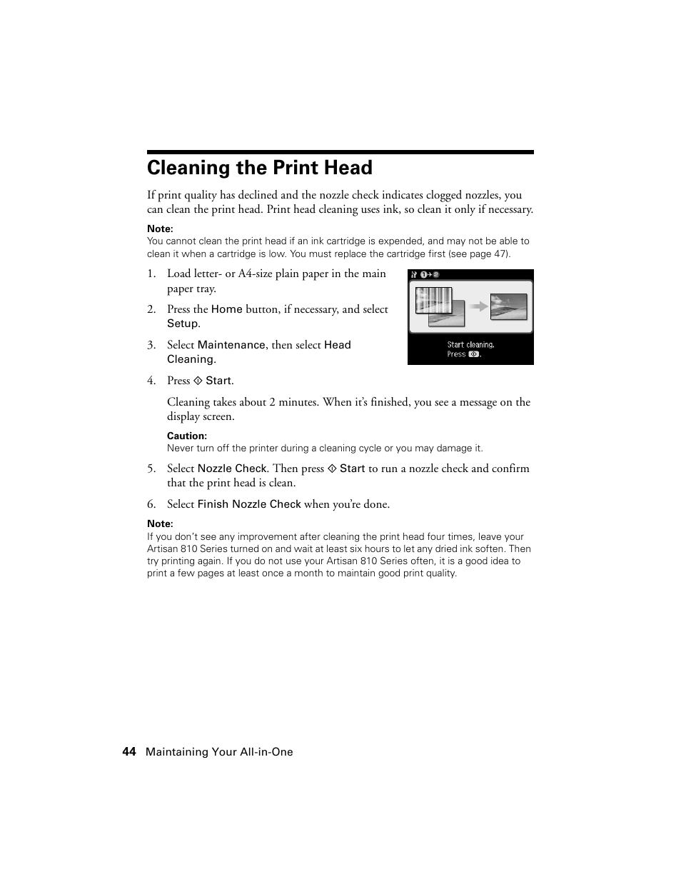 Cleaning the print head | Epson Artisan 810 Series User Manual | Page 44 / 64