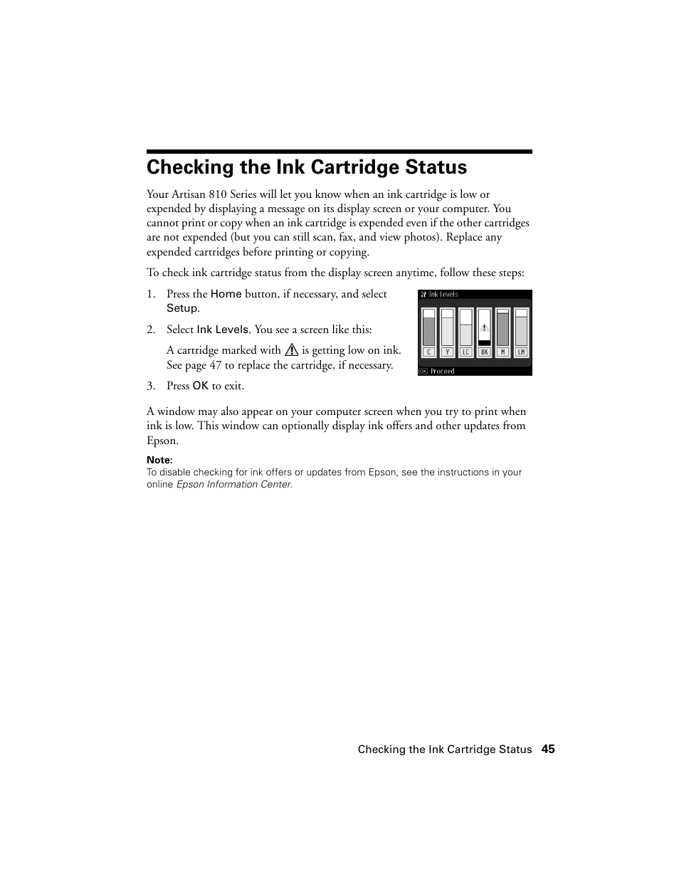 Checking the ink cartridge status | Epson Artisan 810 Series User Manual | Page 45 / 64