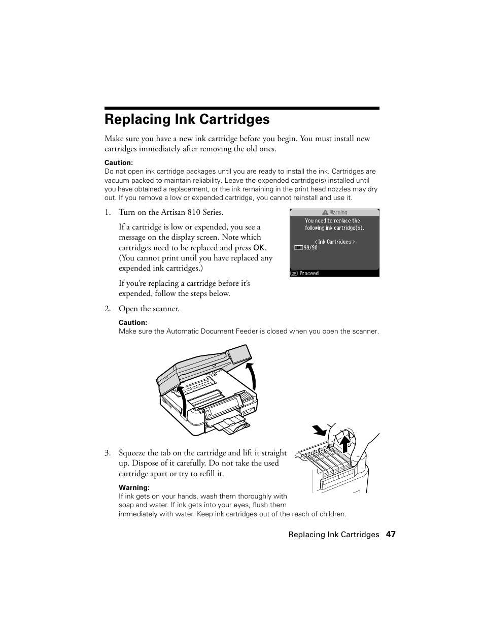 Replacing ink cartridges | Epson Artisan 810 Series User Manual | Page 47 / 64
