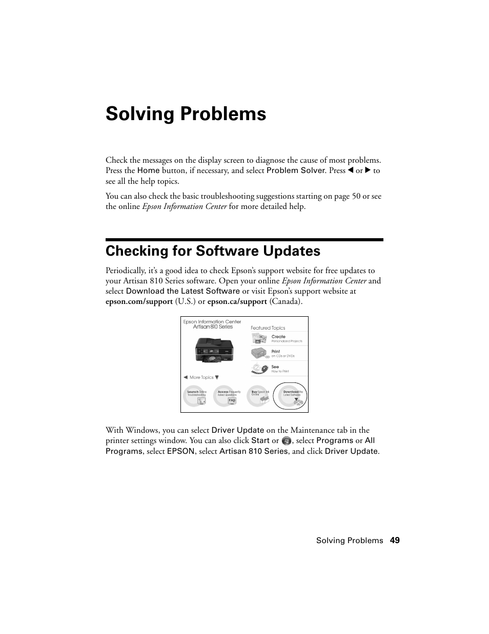 Solving problems, Checking for software updates | Epson Artisan 810 Series User Manual | Page 49 / 64