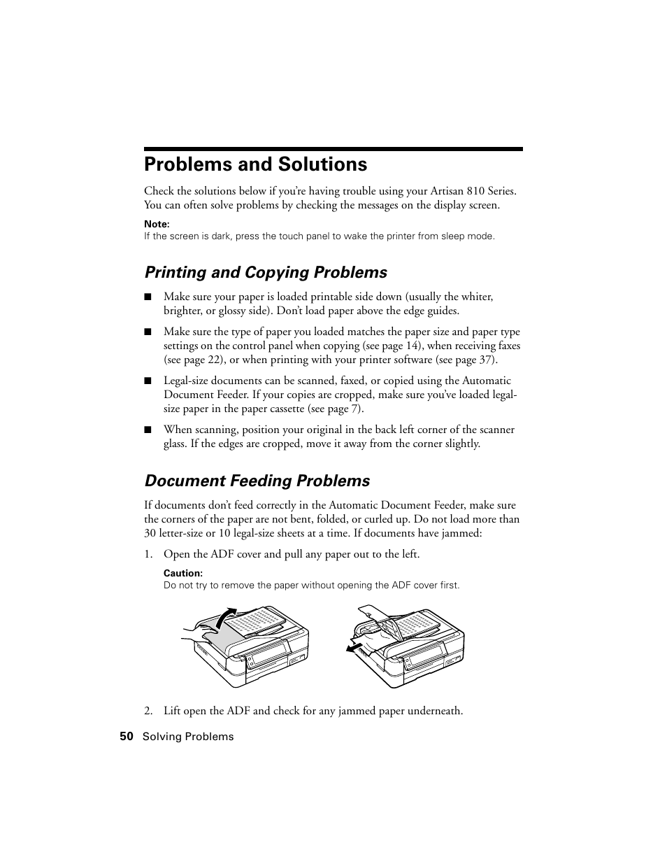 Problems and solutions, Printing and copying problems, Document feeding problems | Epson Artisan 810 Series User Manual | Page 50 / 64