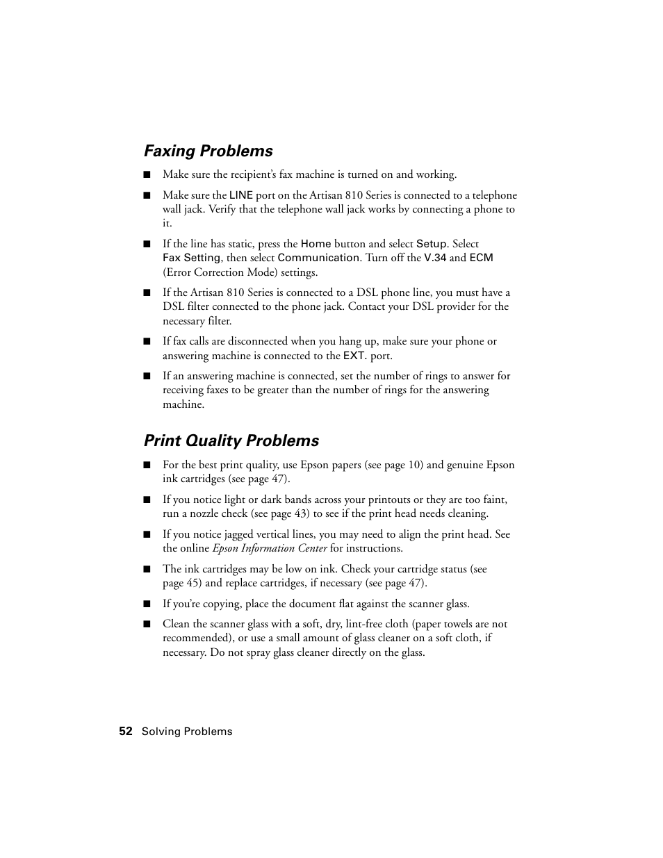 Faxing problems, Print quality problems | Epson Artisan 810 Series User Manual | Page 52 / 64
