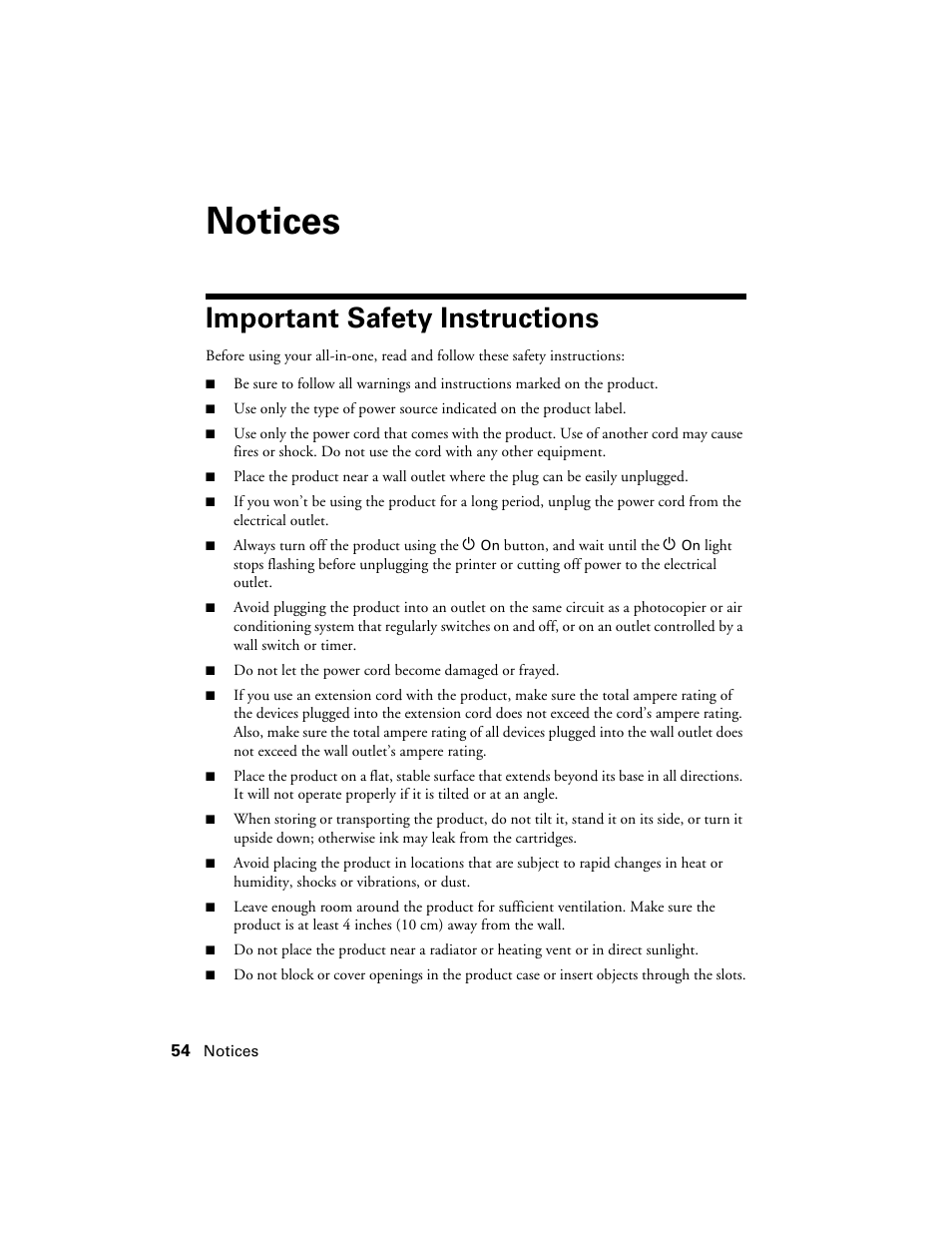 Notices, Important safety instructions | Epson Artisan 810 Series User Manual | Page 54 / 64