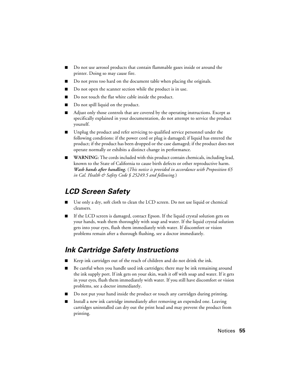 Lcd screen safety, Ink cartridge safety instructions | Epson Artisan 810 Series User Manual | Page 55 / 64