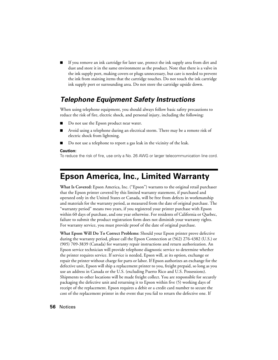 Telephone equipment safety instructions, Epson america, inc., limited warranty, Warranty | Epson Artisan 810 Series User Manual | Page 56 / 64