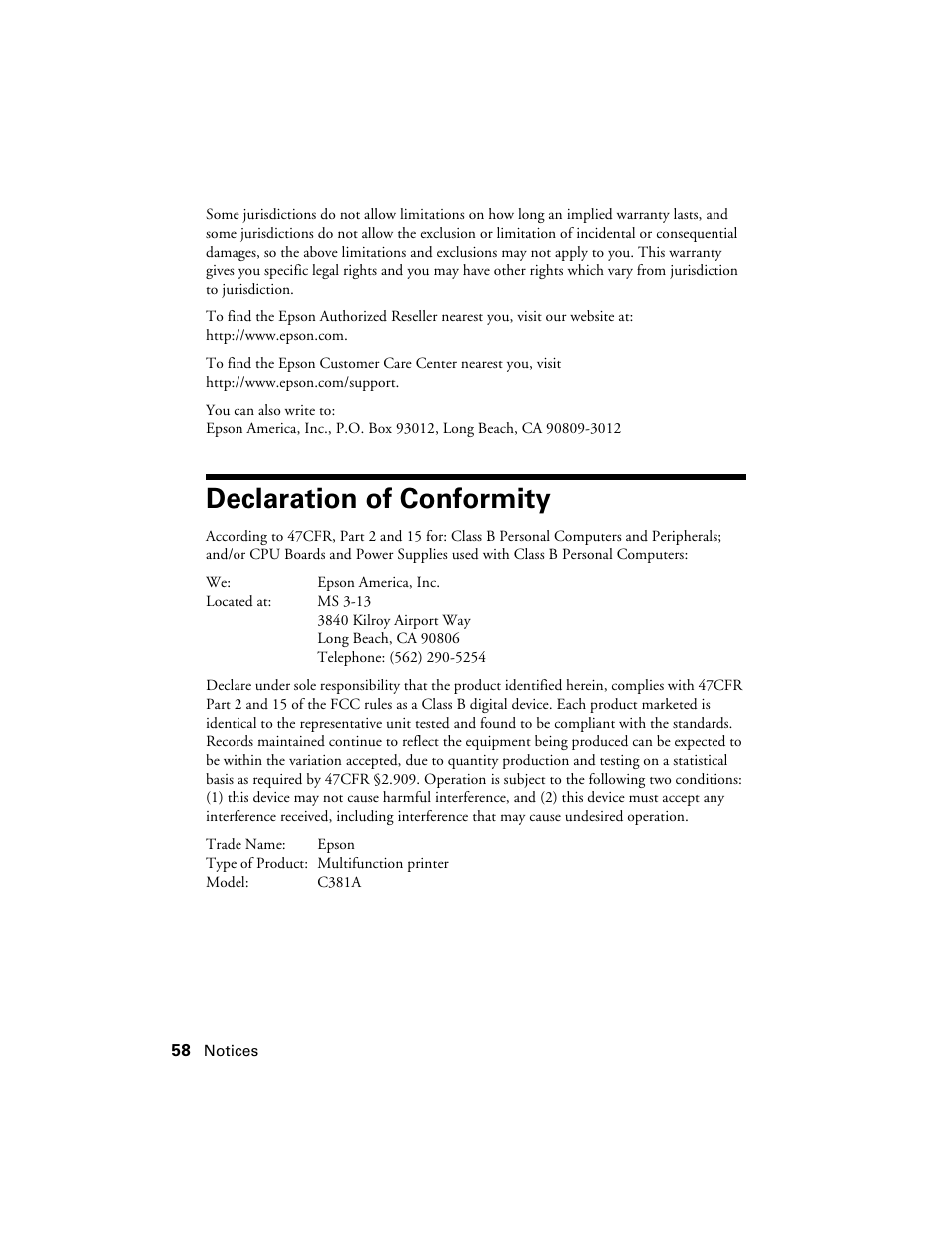 Declaration of conformity | Epson Artisan 810 Series User Manual | Page 58 / 64