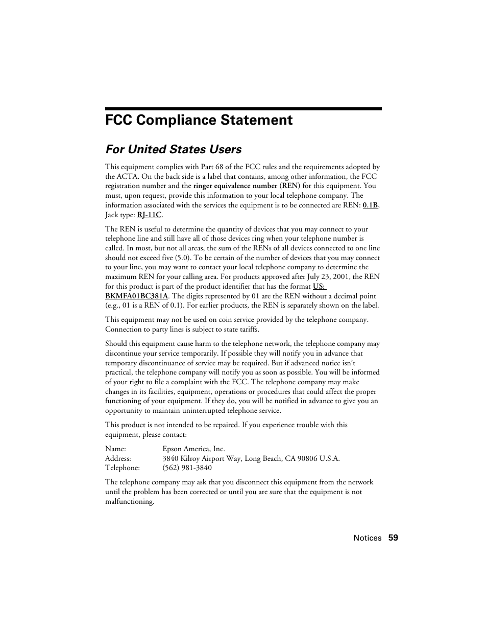 Fcc compliance statement, For united states users | Epson Artisan 810 Series User Manual | Page 59 / 64