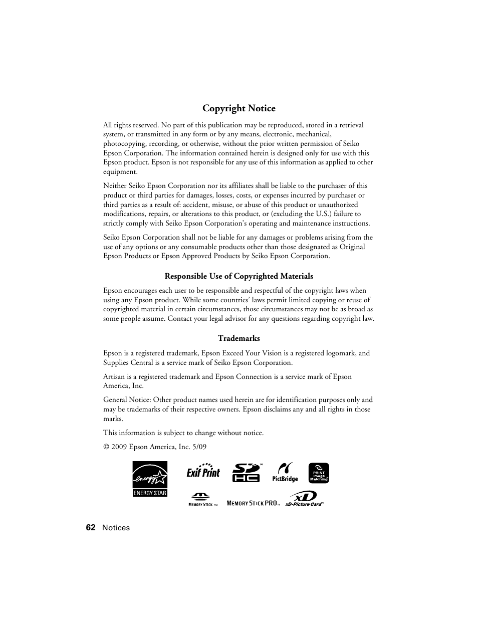 Copyright notice | Epson Artisan 810 Series User Manual | Page 62 / 64