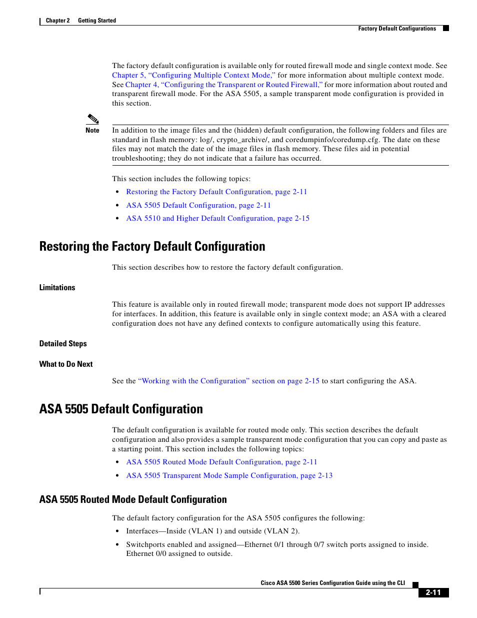 Restoring the factory default configuration, Asa 5505 default configuration, Asa 5505 routed mode default configuration | Asa 5505 default | Cisco ASA 5505 User Manual | Page 111 / 1994