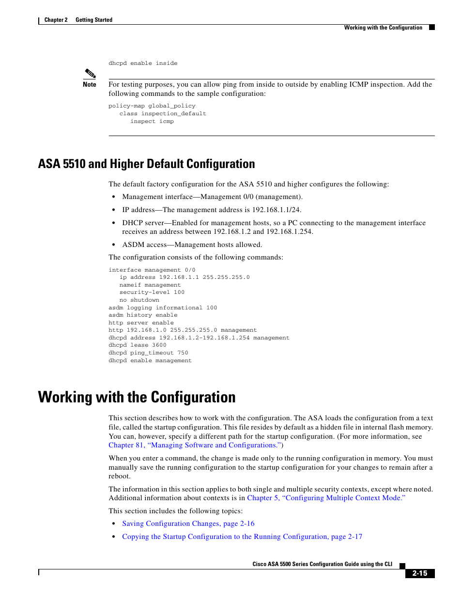 Asa 5510 and higher default configuration, Working with the configuration | Cisco ASA 5505 User Manual | Page 115 / 1994