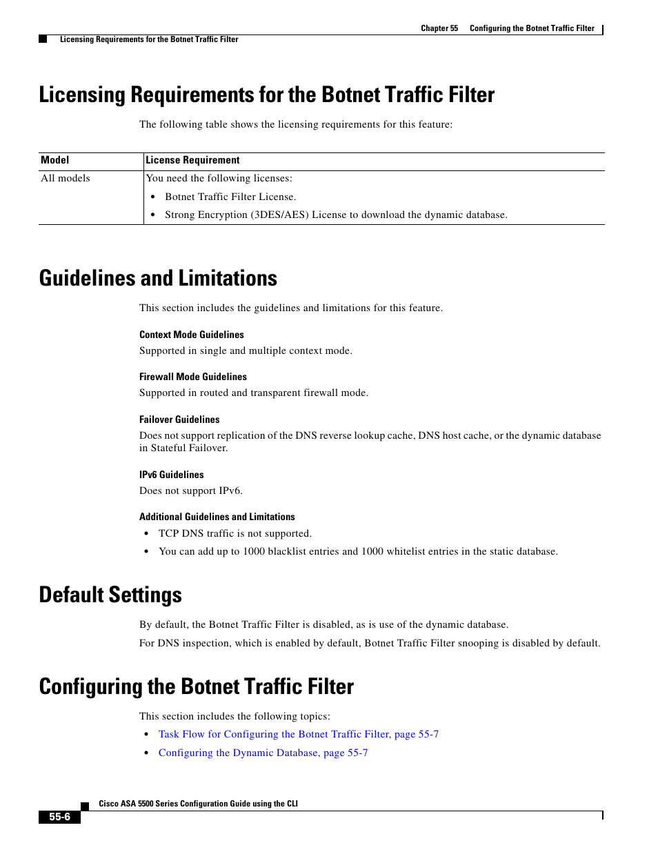 Guidelines and limitations, Default settings, Configuring the botnet traffic filter | Cisco ASA 5505 User Manual | Page 1170 / 1994