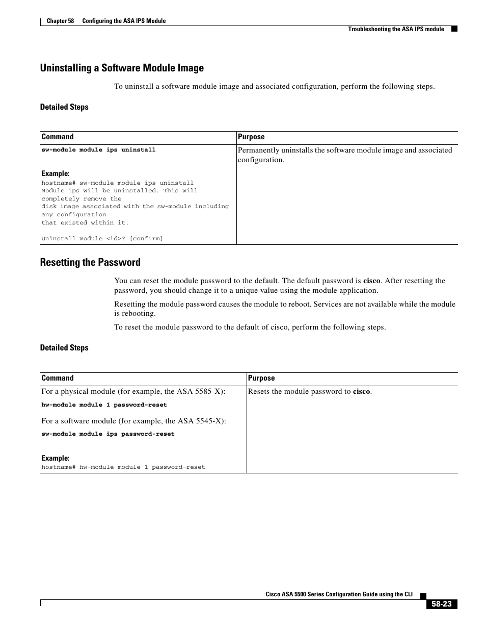 Uninstalling a software module image, Resetting the password | Cisco ASA 5505 User Manual | Page 1243 / 1994