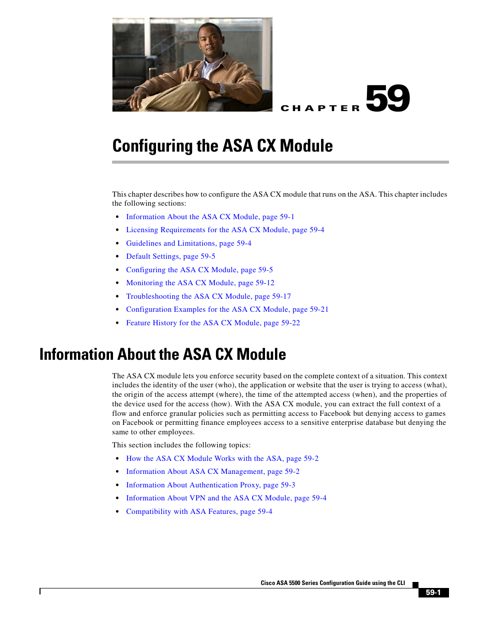 Configuring the asa cx module, Information about the asa cx module, C h a p t e r | Chapter 59, “configuring the asa cx module | Cisco ASA 5505 User Manual | Page 1247 / 1994