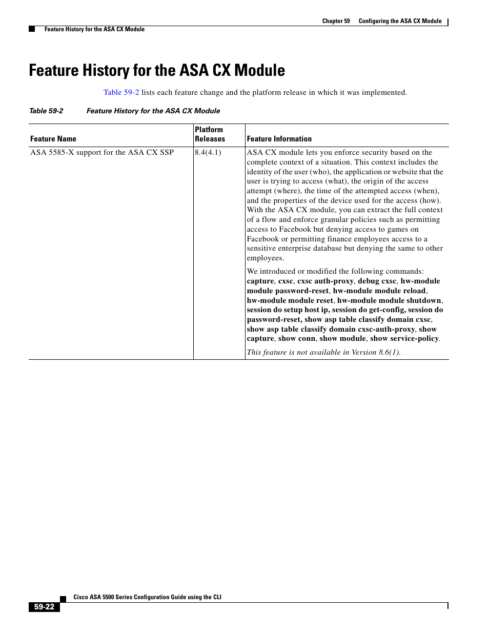 Feature history for the asa cx module | Cisco ASA 5505 User Manual | Page 1268 / 1994