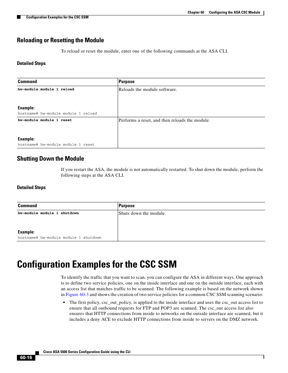 Reloading or resetting the module, Shutting down the module, Configuration examples for the csc ssm | Cisco ASA 5505 User Manual | Page 1284 / 1994