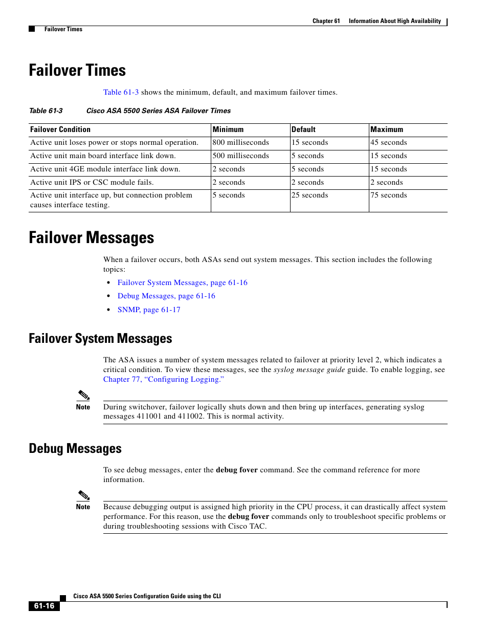 Failover times, Failover messages, Failover system messages | Debug messages | Cisco ASA 5505 User Manual | Page 1304 / 1994